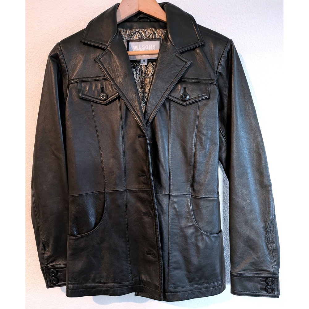 Wilsons Maxima Genuine Leather Jacket Womens Medium Black Car Coat Paisley Lined